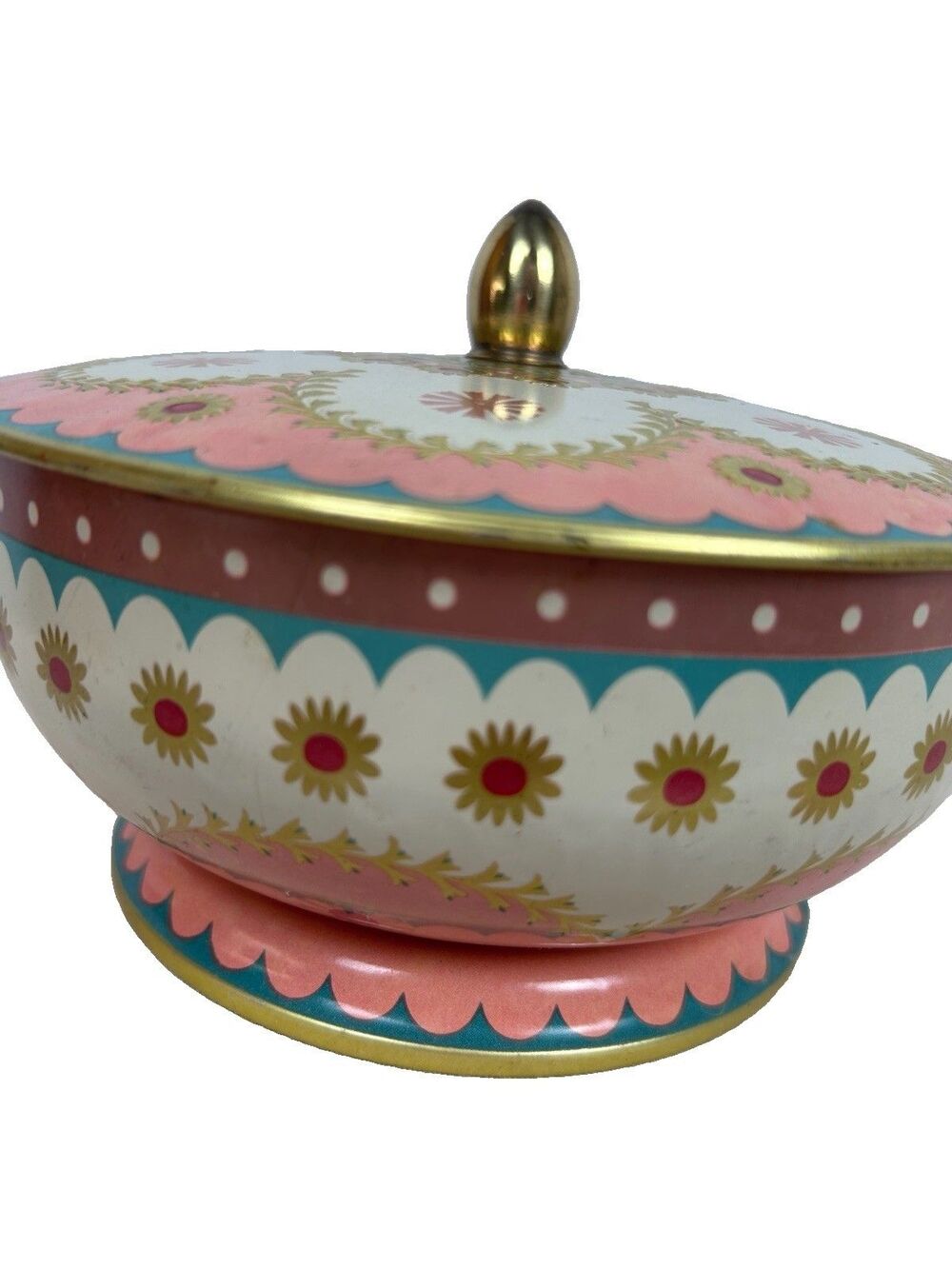 Vintage Round Tin peach & white Floral Footed Made in Belgium 3 X 6 1/4in